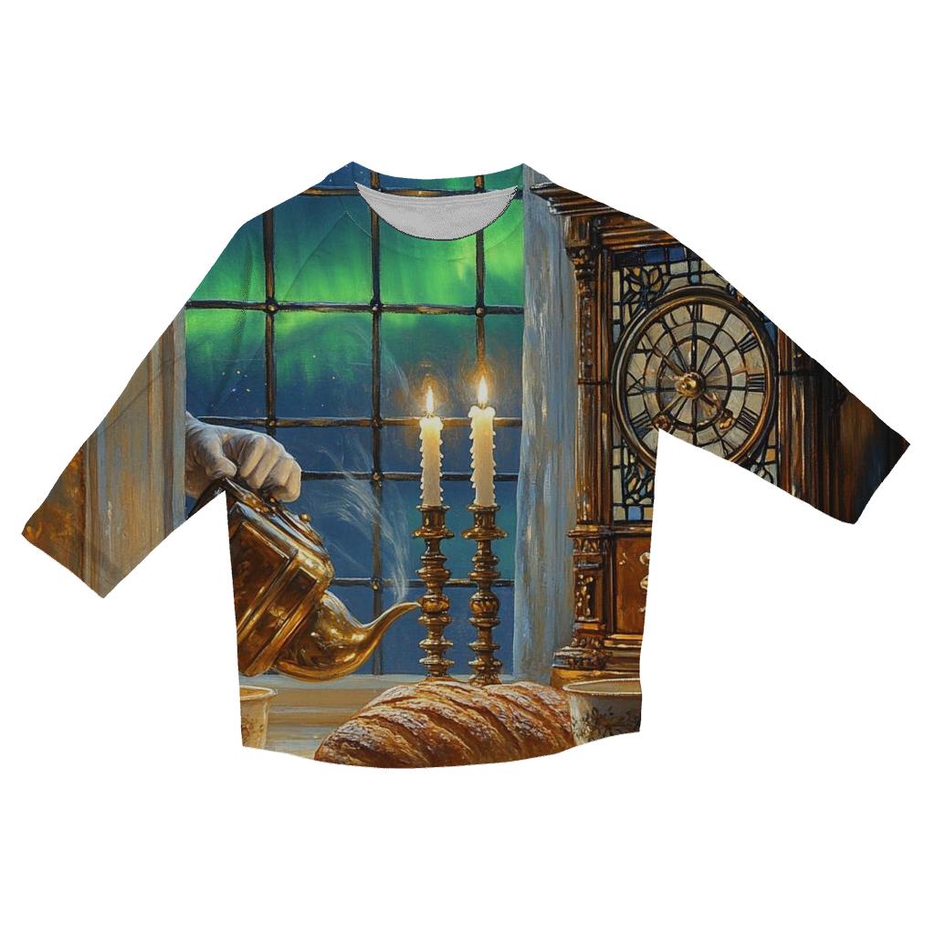 Johannes Vermeer Inspired Candlelit Cafe Under Aurora Skies printed three quarter sleeve shirts