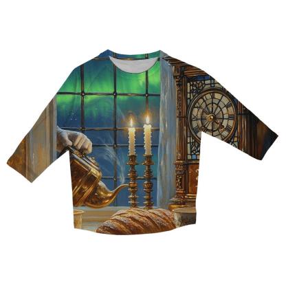 Johannes Vermeer Inspired Candlelit Cafe Under Aurora Skies printed three quarter sleeve shirts