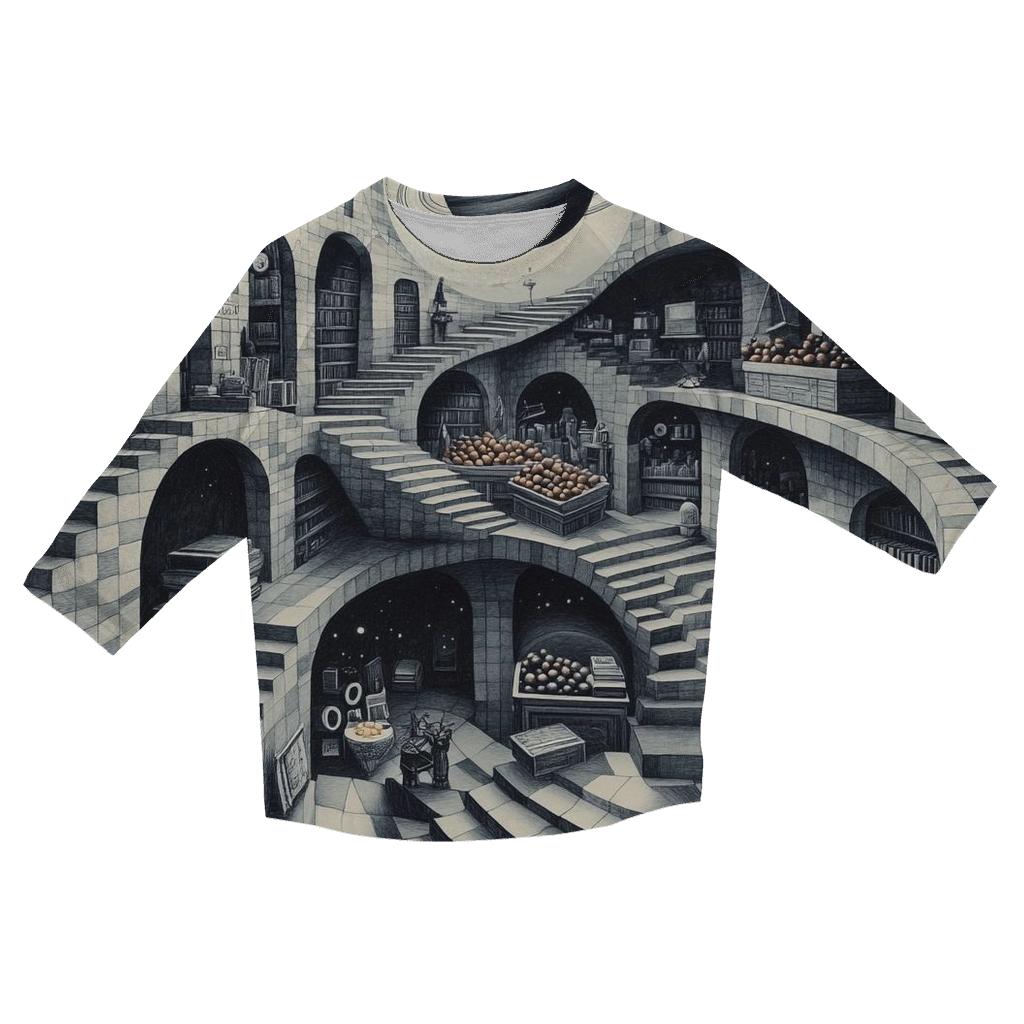 Mc Escher Inspired Planetary Staircase Market printed three quarter sleeve shirts
