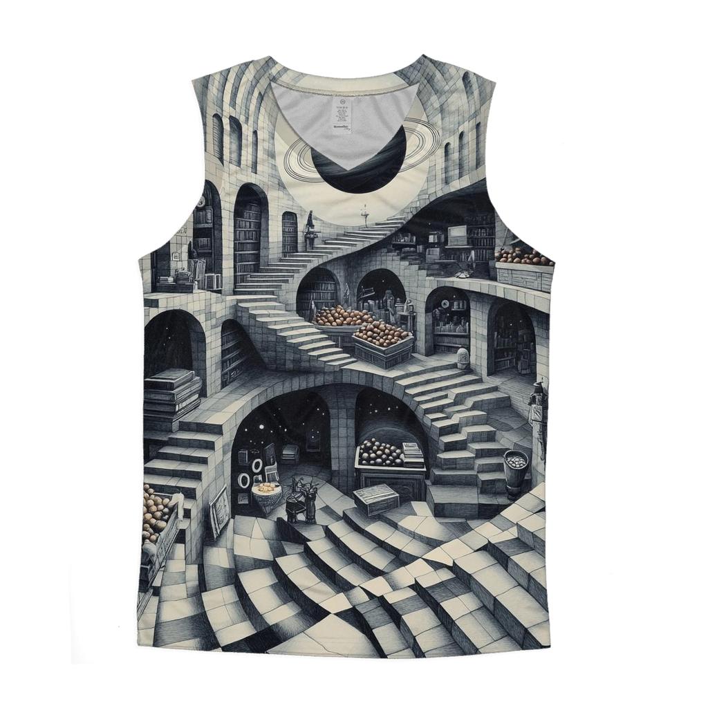 Mc Escher Inspired Planetary Staircase Market sports performance tank tops
