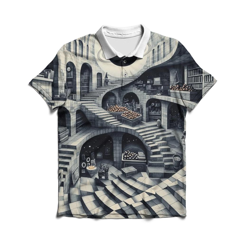 Mc Escher Inspired Planetary Staircase Market designer slim fit polos