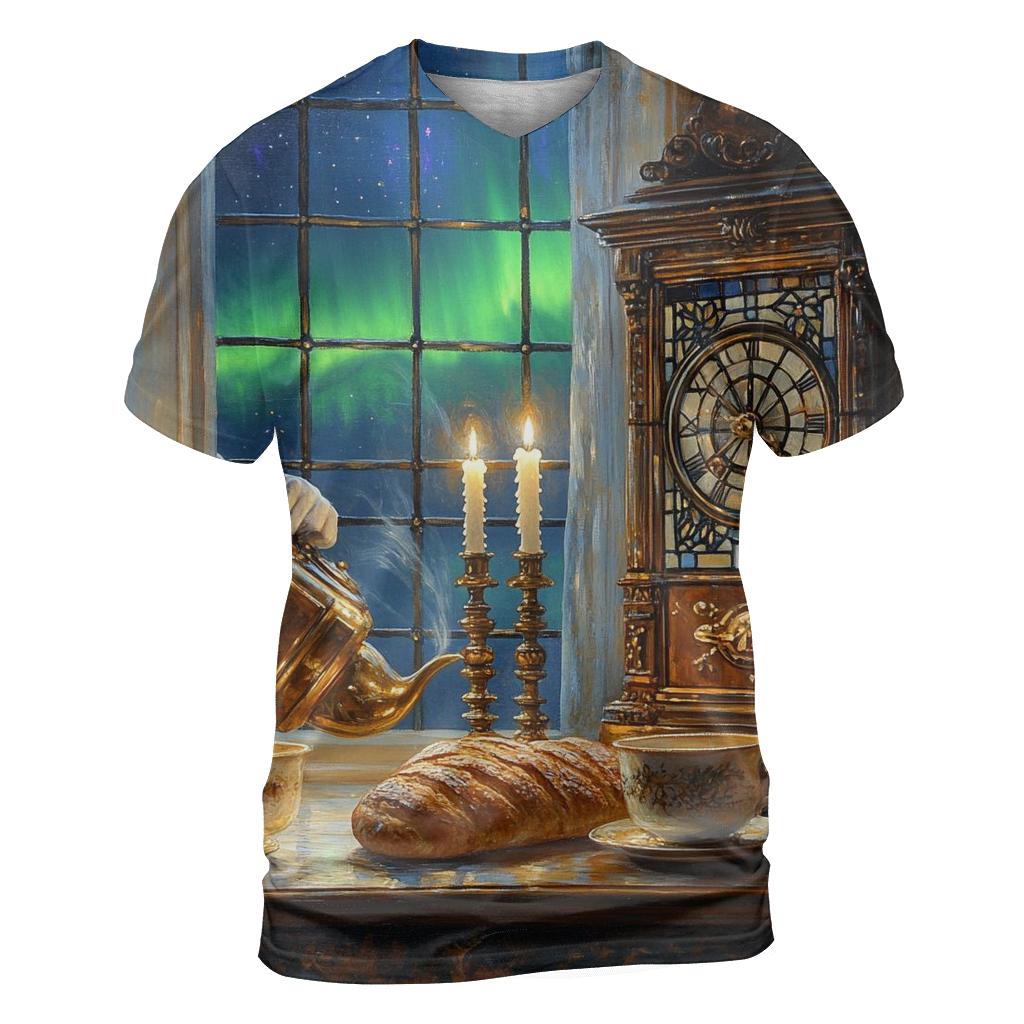 Johannes Vermeer Inspired Candlelit Cafe Under Aurora Skies artistic all-over print tops