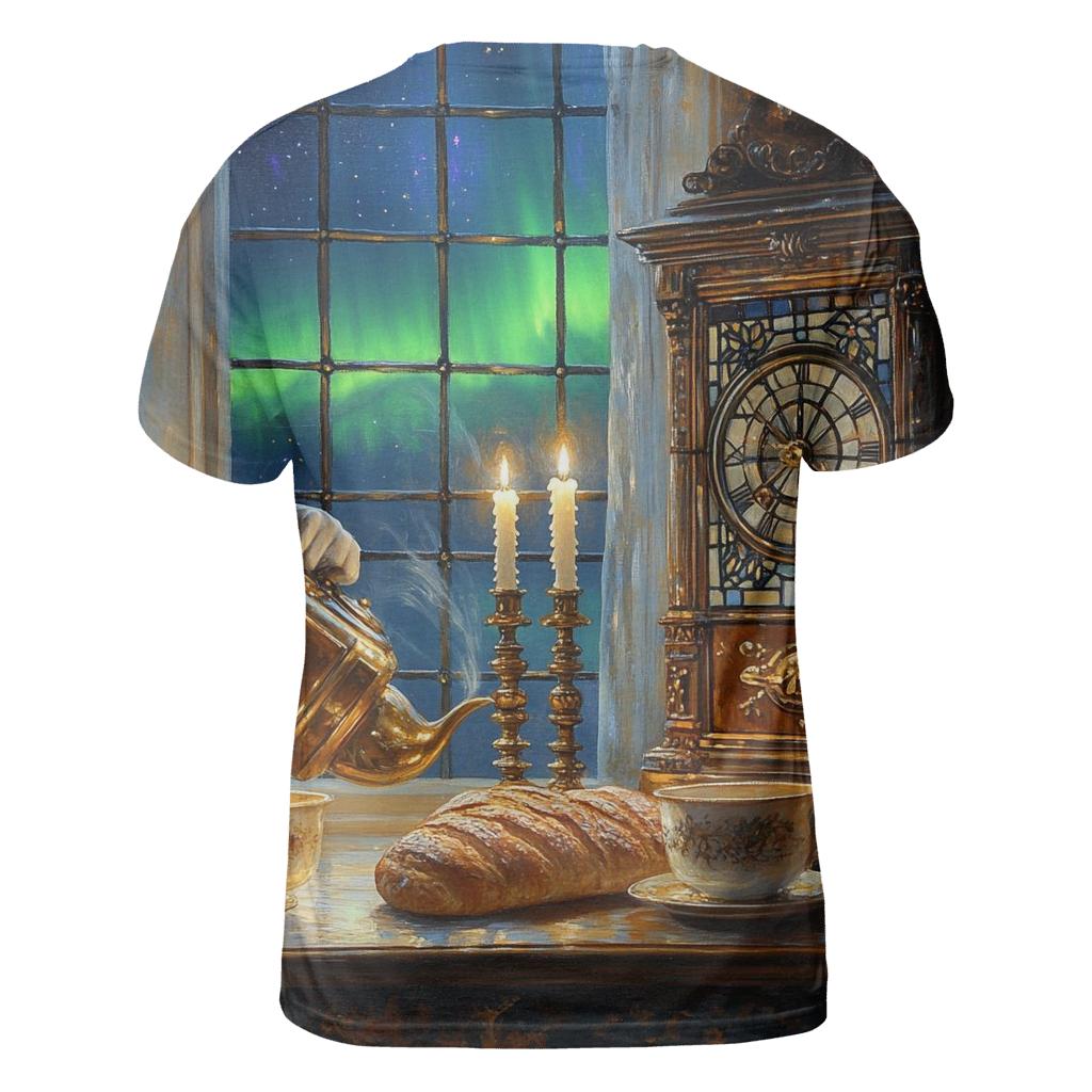 Johannes Vermeer Inspired Candlelit Cafe Under Aurora Skies artistic all-over print tops