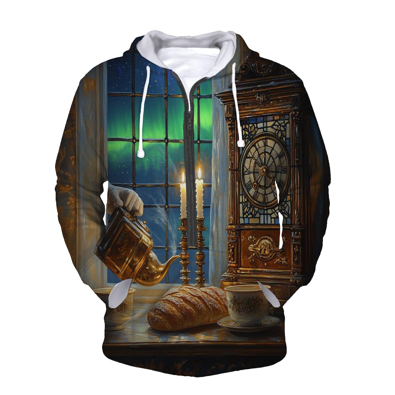 Johannes Vermeer Inspired Candlelit Cafe Under Aurora Skies custom hoodies