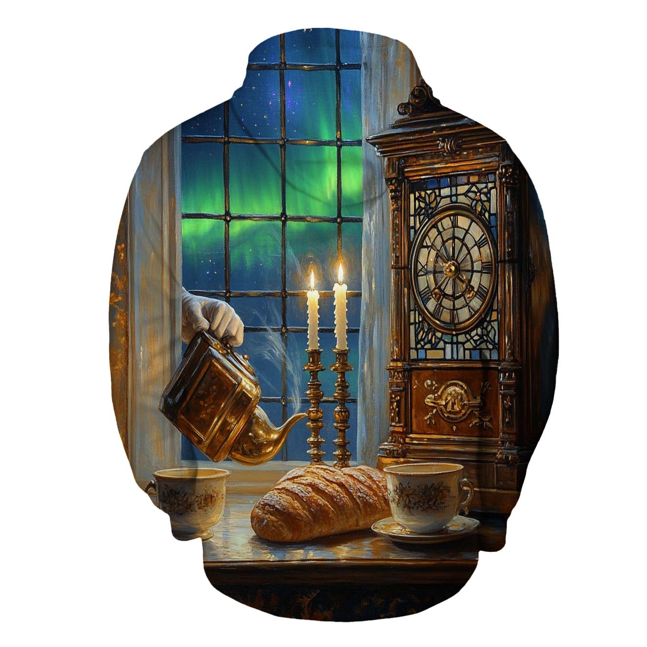 Johannes Vermeer Inspired Candlelit Cafe Under Aurora Skies custom hoodies