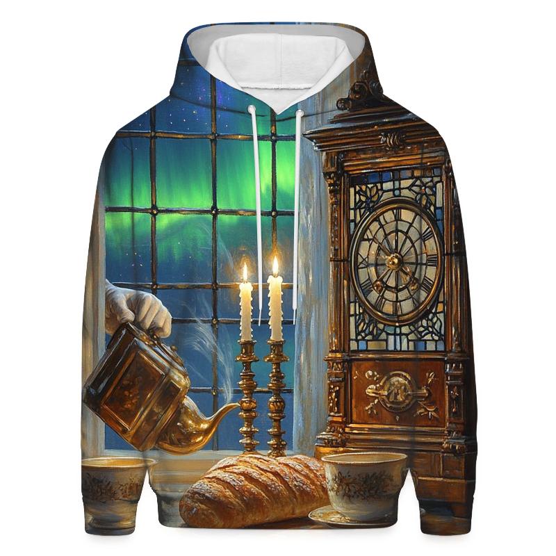 Johannes Vermeer Inspired Candlelit Cafe Under Aurora Skies hoodie styles