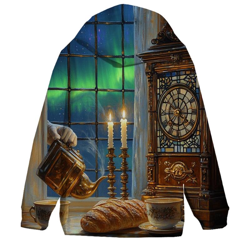 Johannes Vermeer Inspired Candlelit Cafe Under Aurora Skies hoodie styles