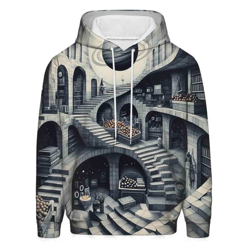 Mc Escher Inspired Planetary Staircase Market graphic hoodies
