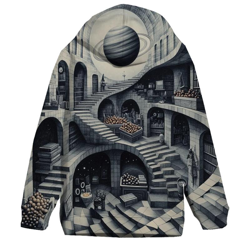 Mc Escher Inspired Planetary Staircase Market graphic hoodies