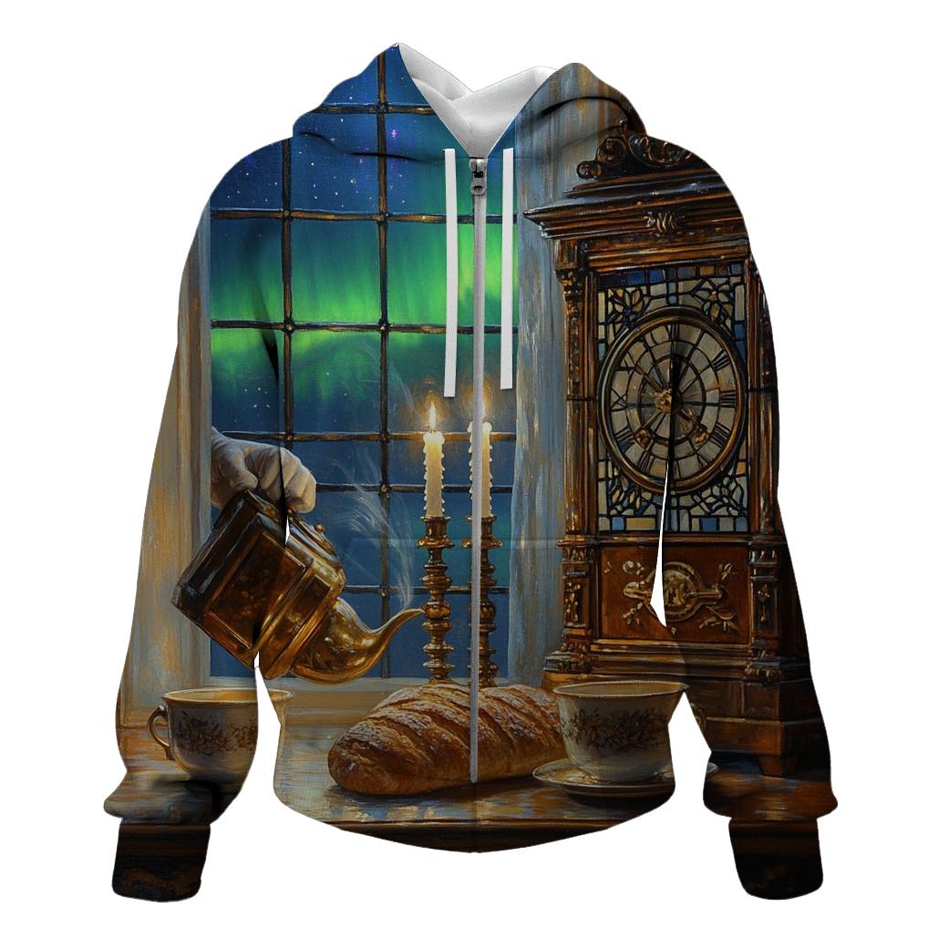 Johannes Vermeer Inspired Candlelit Cafe Under Aurora Skies premium hoodies