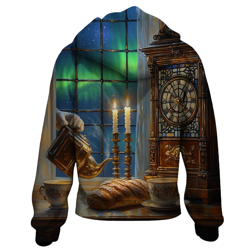 Johannes Vermeer Inspired Candlelit Cafe Under Aurora Skies premium hoodies