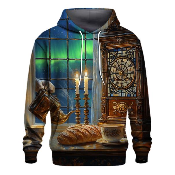 Johannes Vermeer Inspired Candlelit Cafe Under Aurora Skies hoodie designs