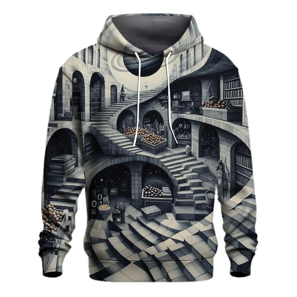 Mc Escher Inspired Planetary Staircase Market printed hoodies