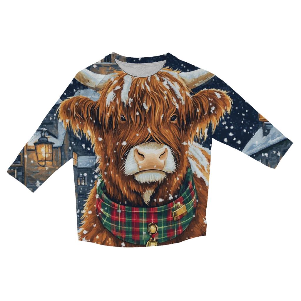 Highland Cow In Winter Tartan Parade printed three quarter sleeve shirts