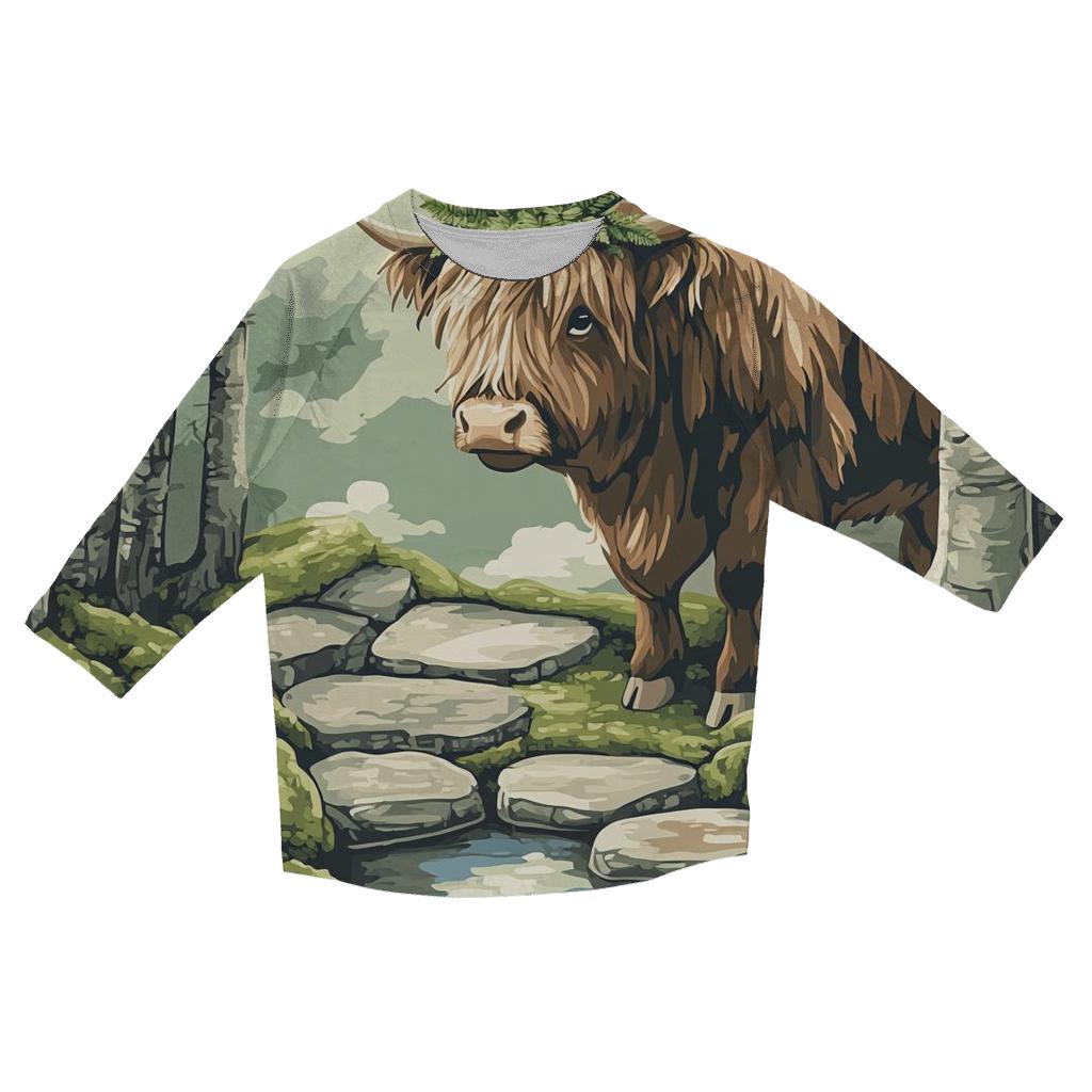 Highland Cow Moss Garden Guardian printed three quarter sleeve shirts