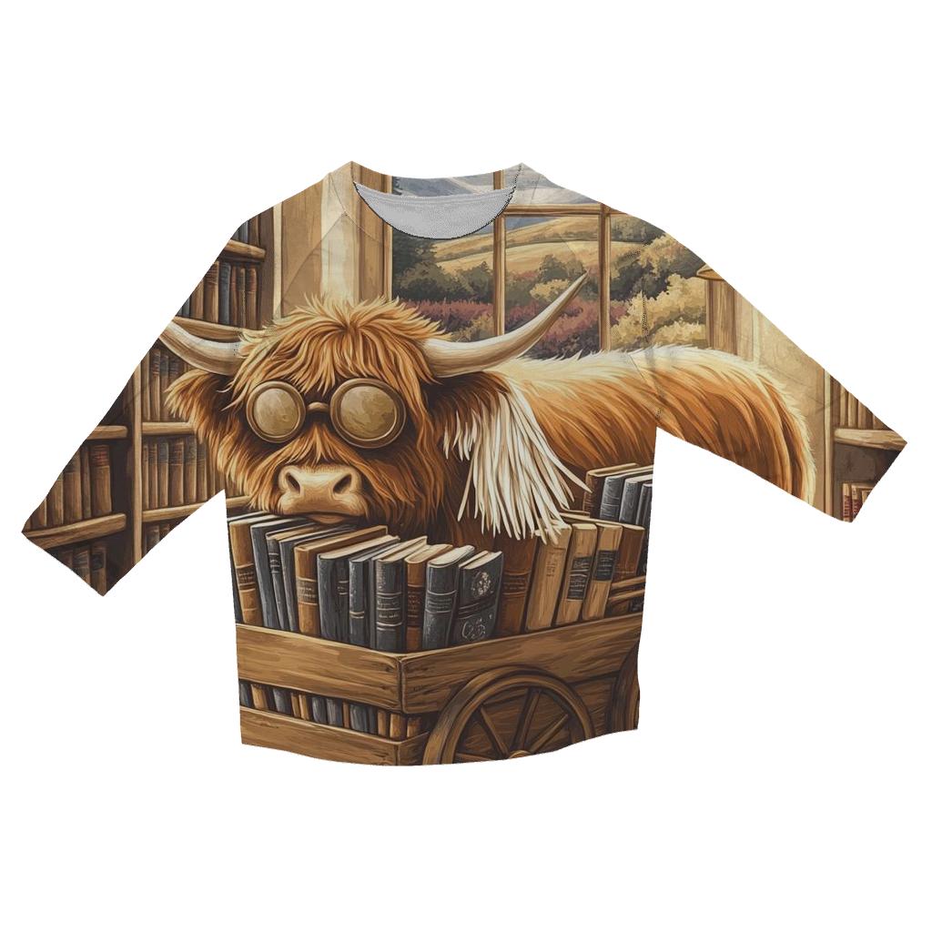 Highland Cow Library Book Cart fashion 3/4 sleeve shirts