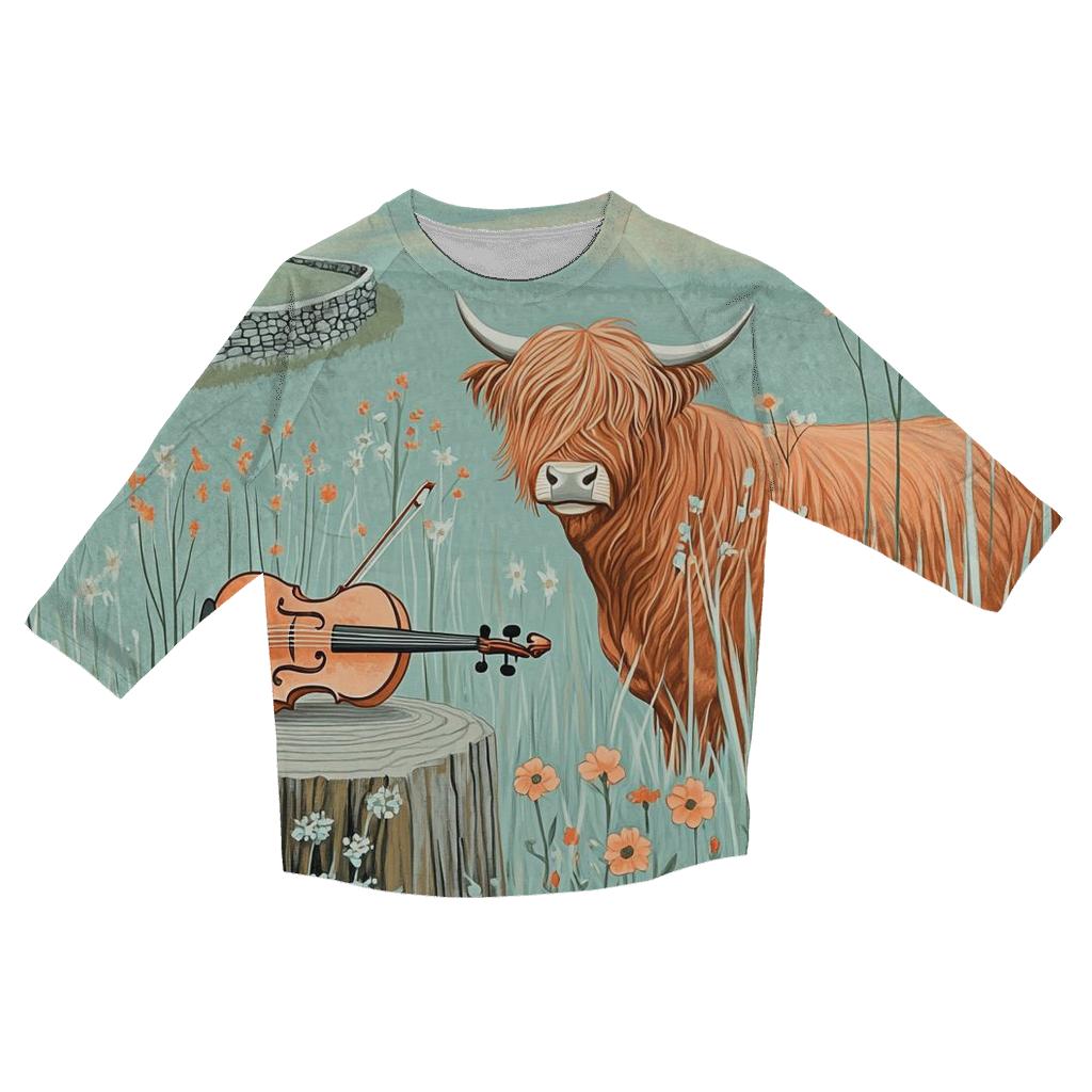 Highland Cow Meadow Violin Listener printed three quarter sleeve shirts