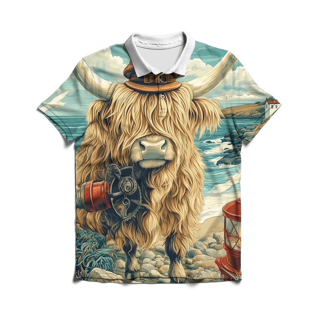 Highland Cow Lighthouse Keeper premium cotton polo shirts