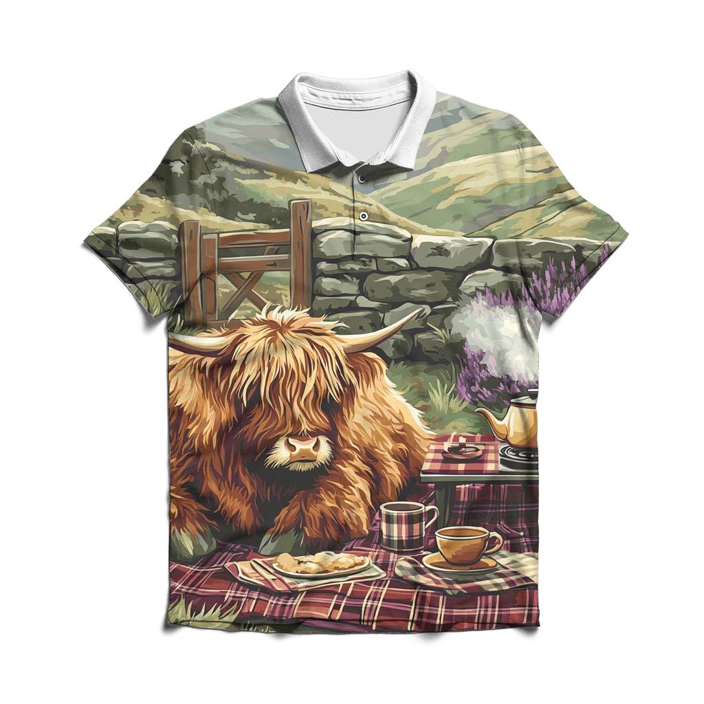 Tea Picnic With Highland Cow Companion custom polo shirts