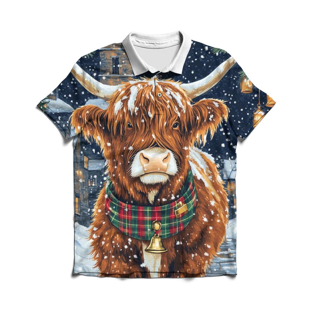 Highland Cow In Winter Tartan Parade personalized polo shirts