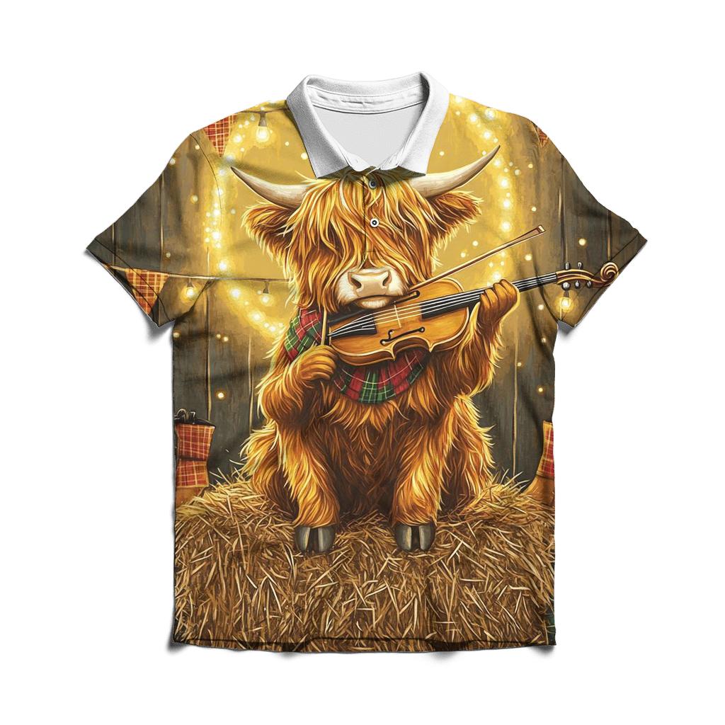Highland Cow Ceilidh Fiddle Time custom polo shirts