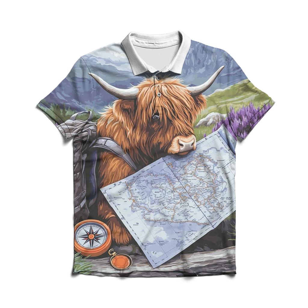 Highland Cow Mountain Map Reader personalized polo shirts