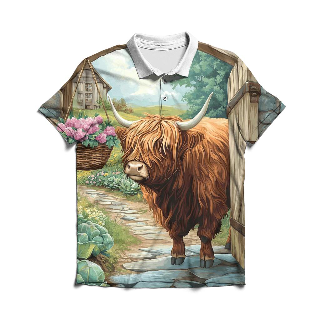 Highland Cow Garden Gate Greeter premium cotton polo shirts