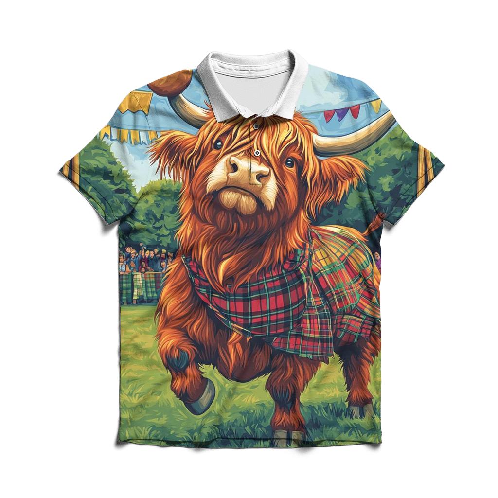 Highland Cow Highland Games Weight Toss branded logo polo shirts