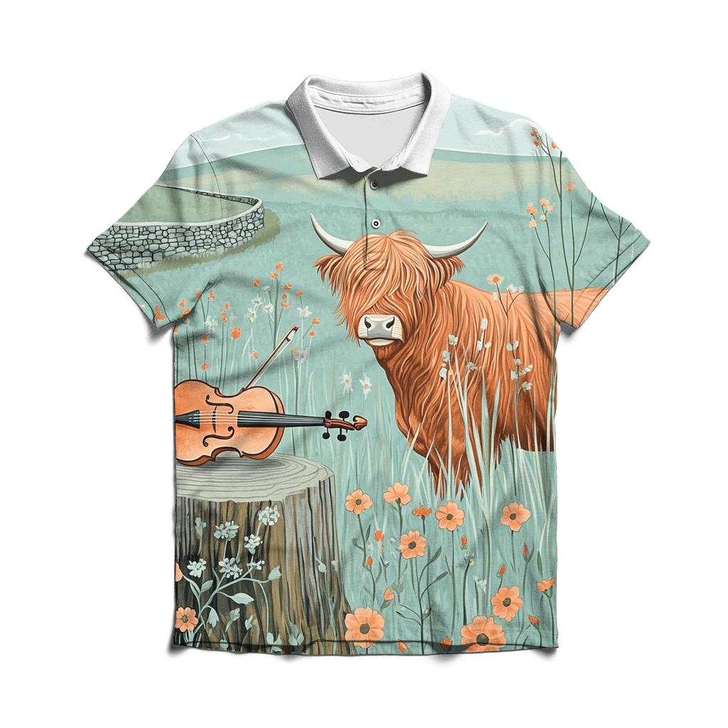 Highland Cow Meadow Violin Listener personalized polo shirts