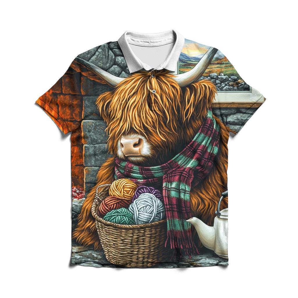 Highland Cow Hearthside Knitting Helper branded logo polo shirts