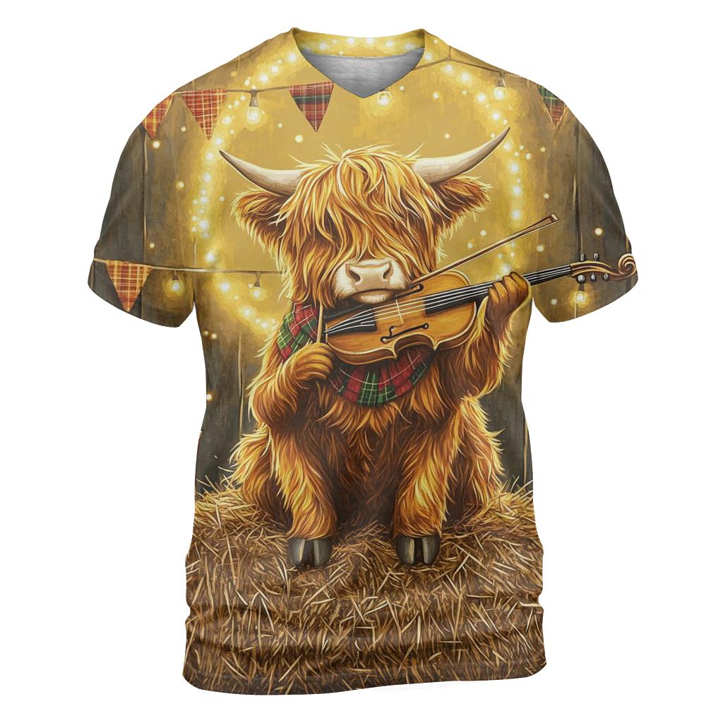 Highland Cow Ceilidh Fiddle Time vibrant all-over design tees