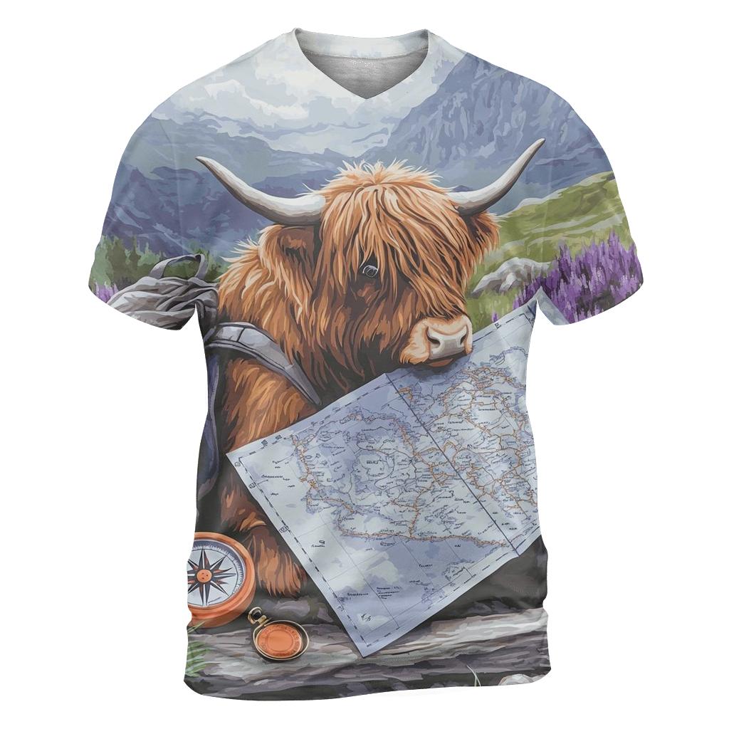 Highland Cow Mountain Map Reader designer pattern shirts