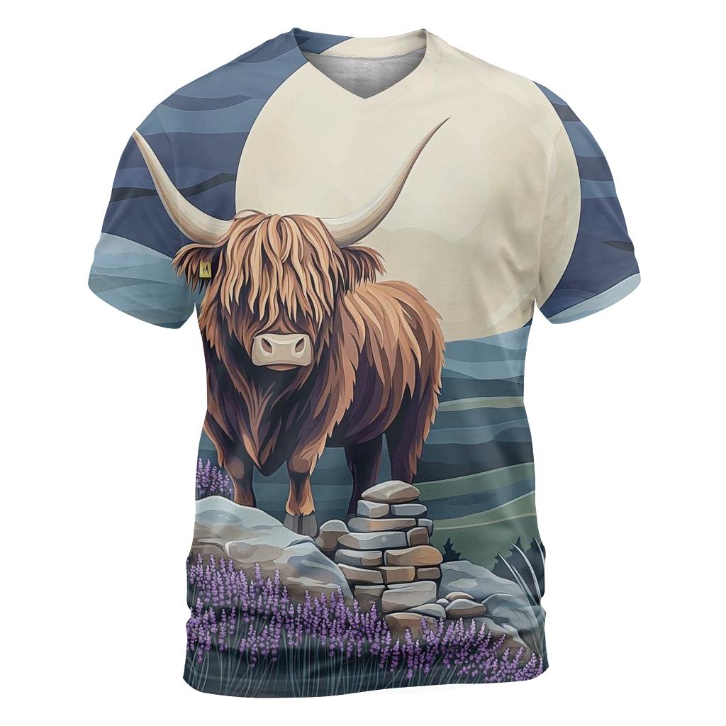 Highland Cow Moonlit Heather Silhouette artistic all-over print tops
