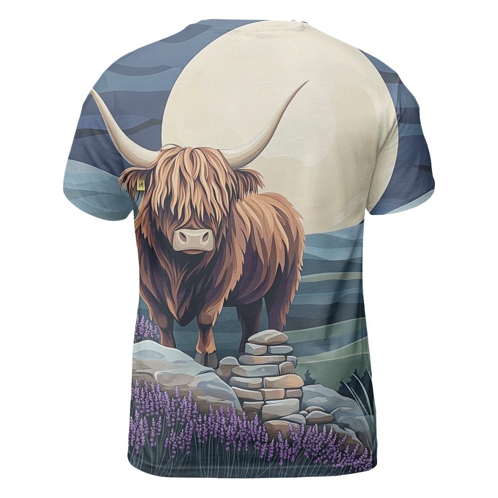Highland Cow Moonlit Heather Silhouette artistic all-over print tops