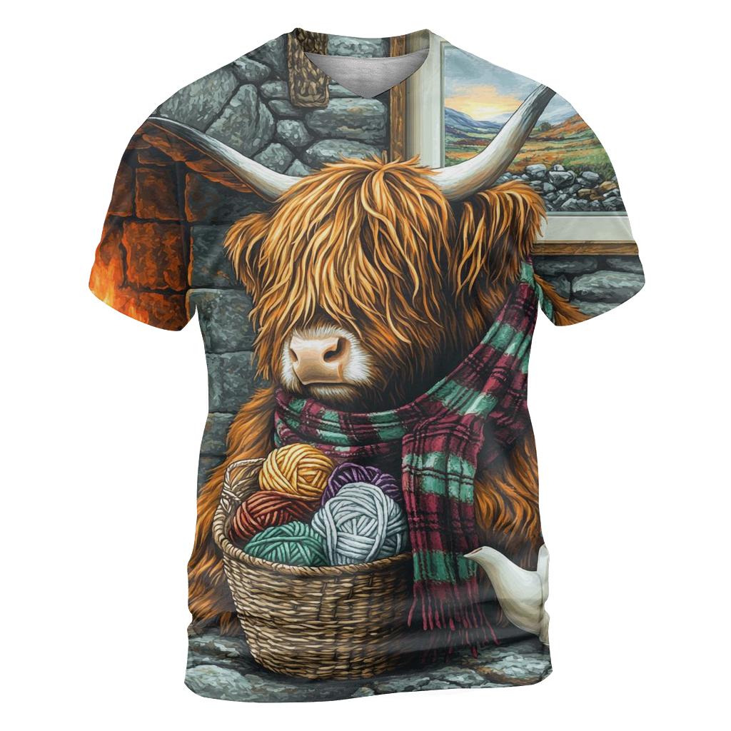 Highland Cow Hearthside Knitting Helper vibrant all-over design tees