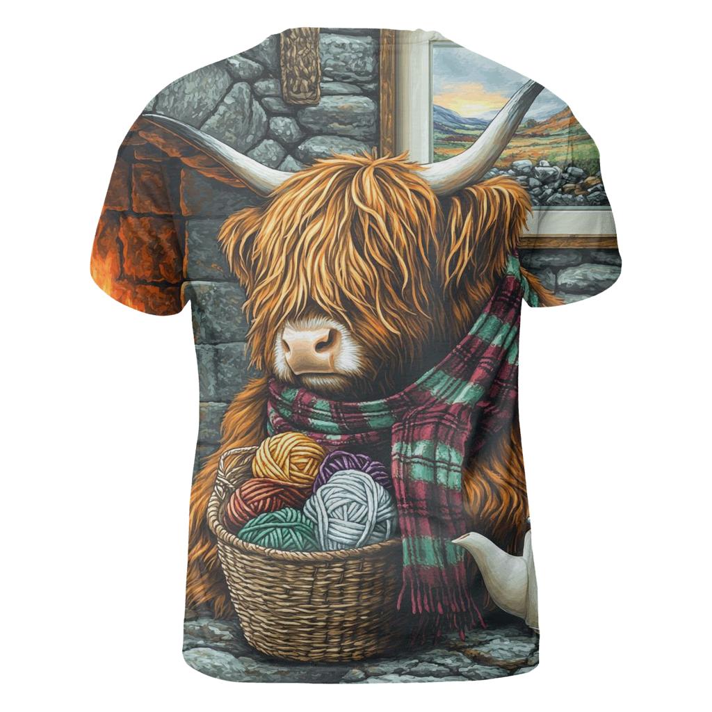 Highland Cow Hearthside Knitting Helper vibrant all-over design tees
