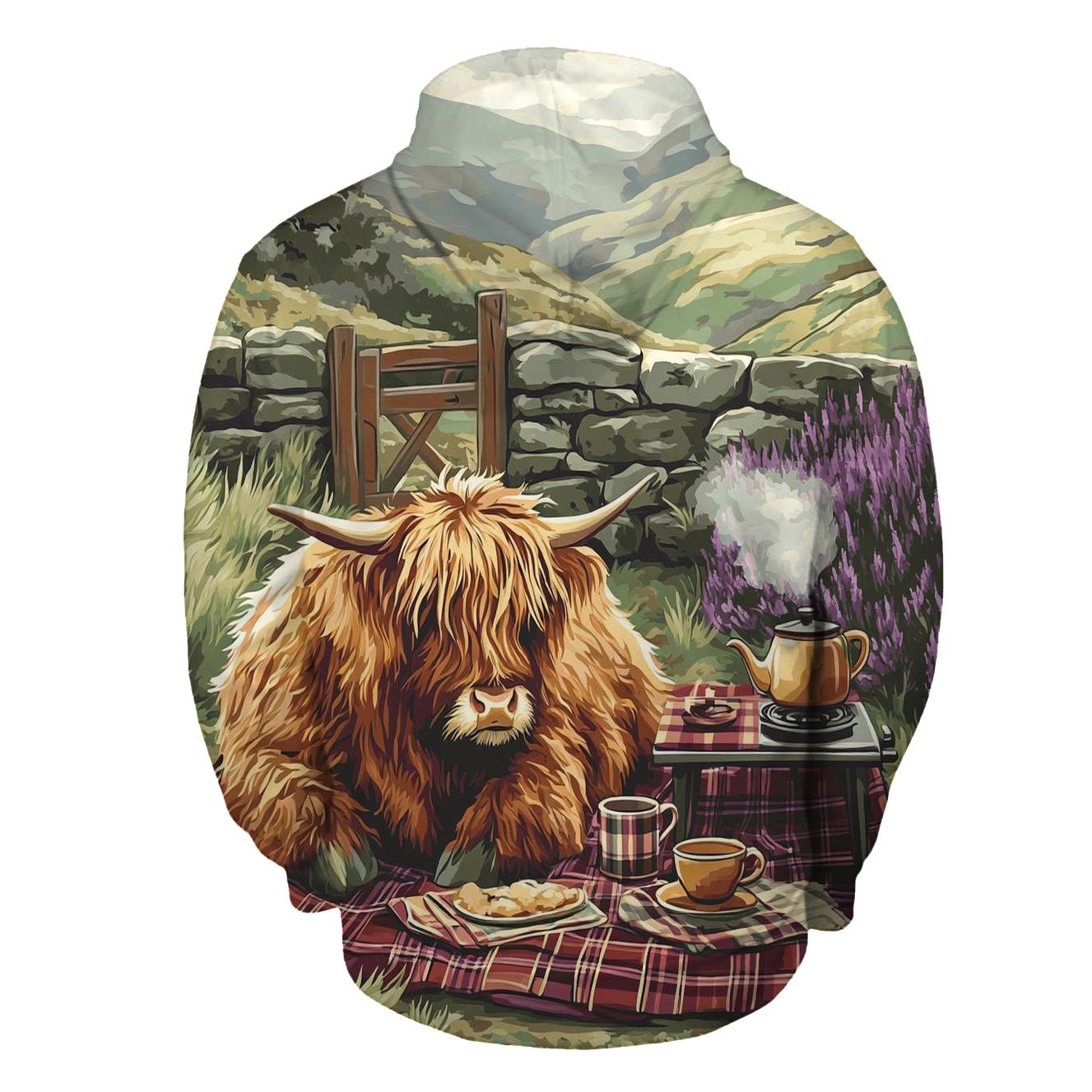 Tea Picnic With Highland Cow Companion pullover hoodies