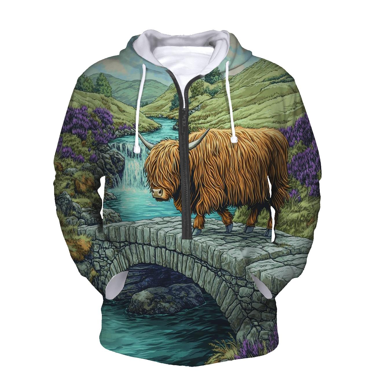 Highland Cow Stone Bridge Crossing zip-up hoodies