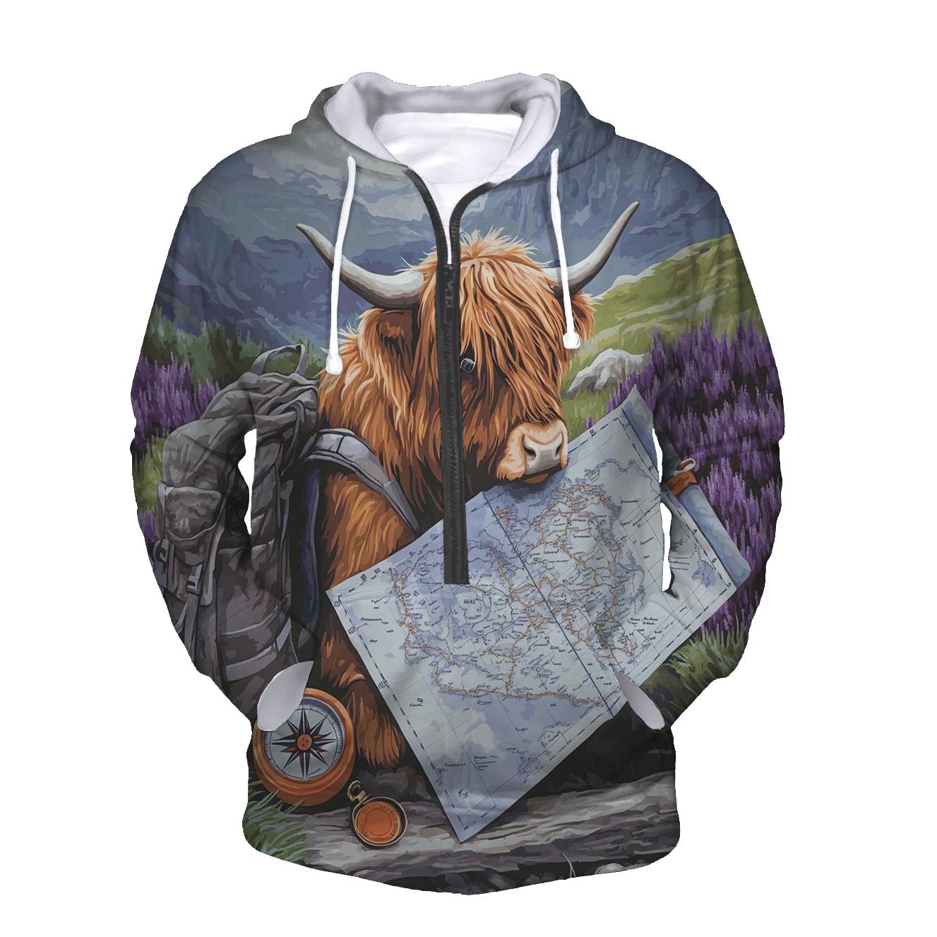 Highland Cow Mountain Map Reader hoodies fashion