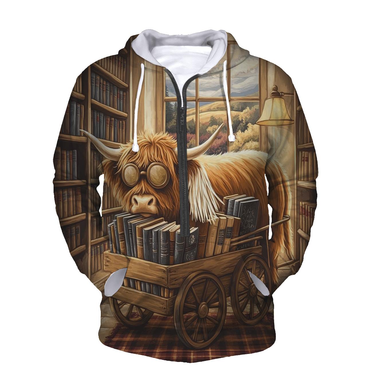 Highland Cow Library Book Cart embroidered hoodies