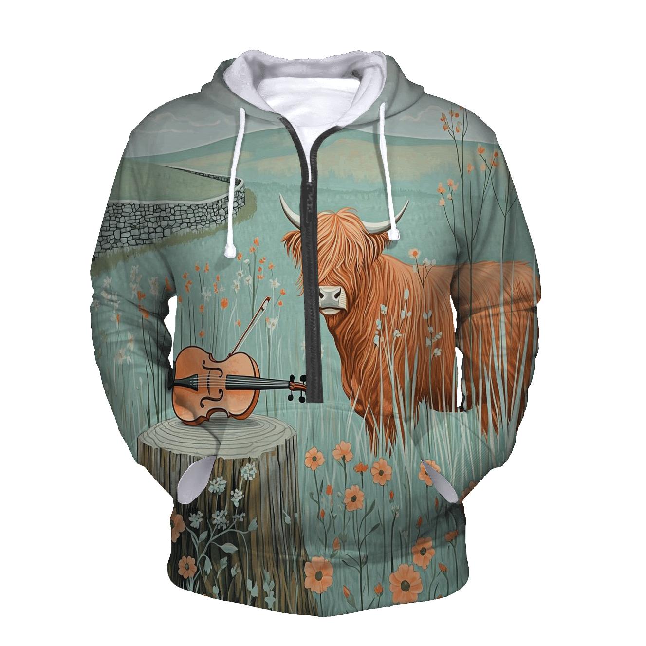Highland Cow Meadow Violin Listener lightweight hoodies