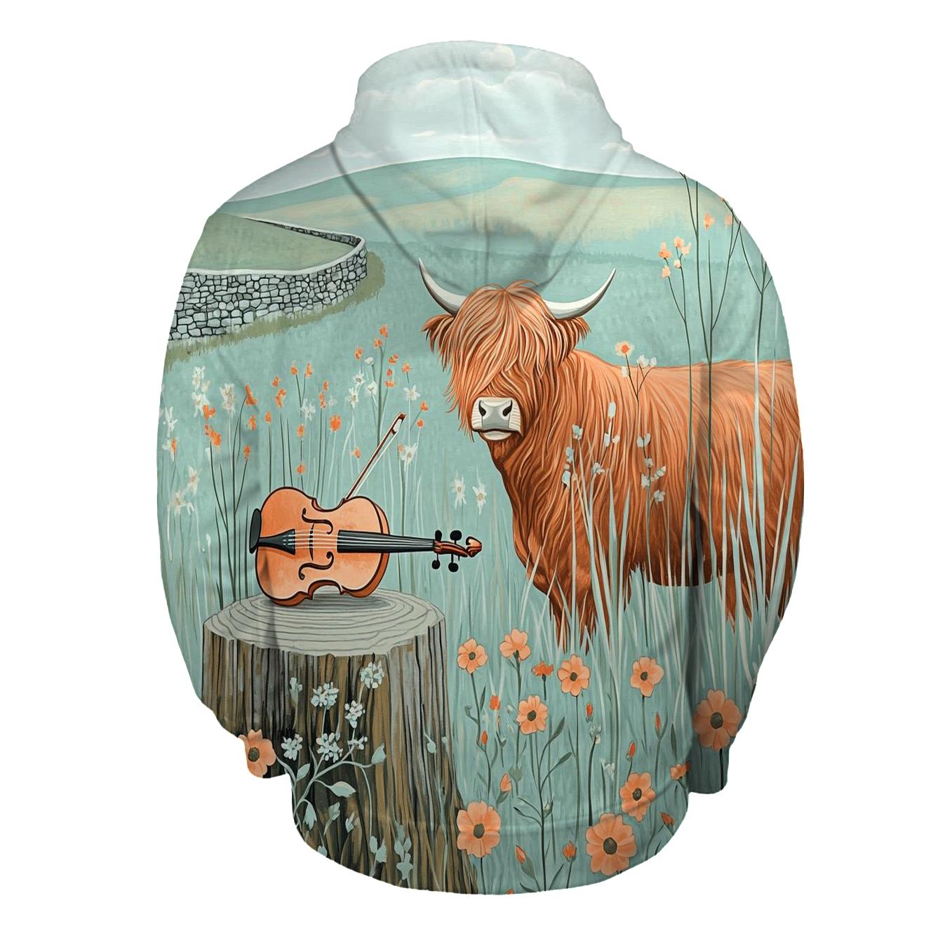 Highland Cow Meadow Violin Listener lightweight hoodies