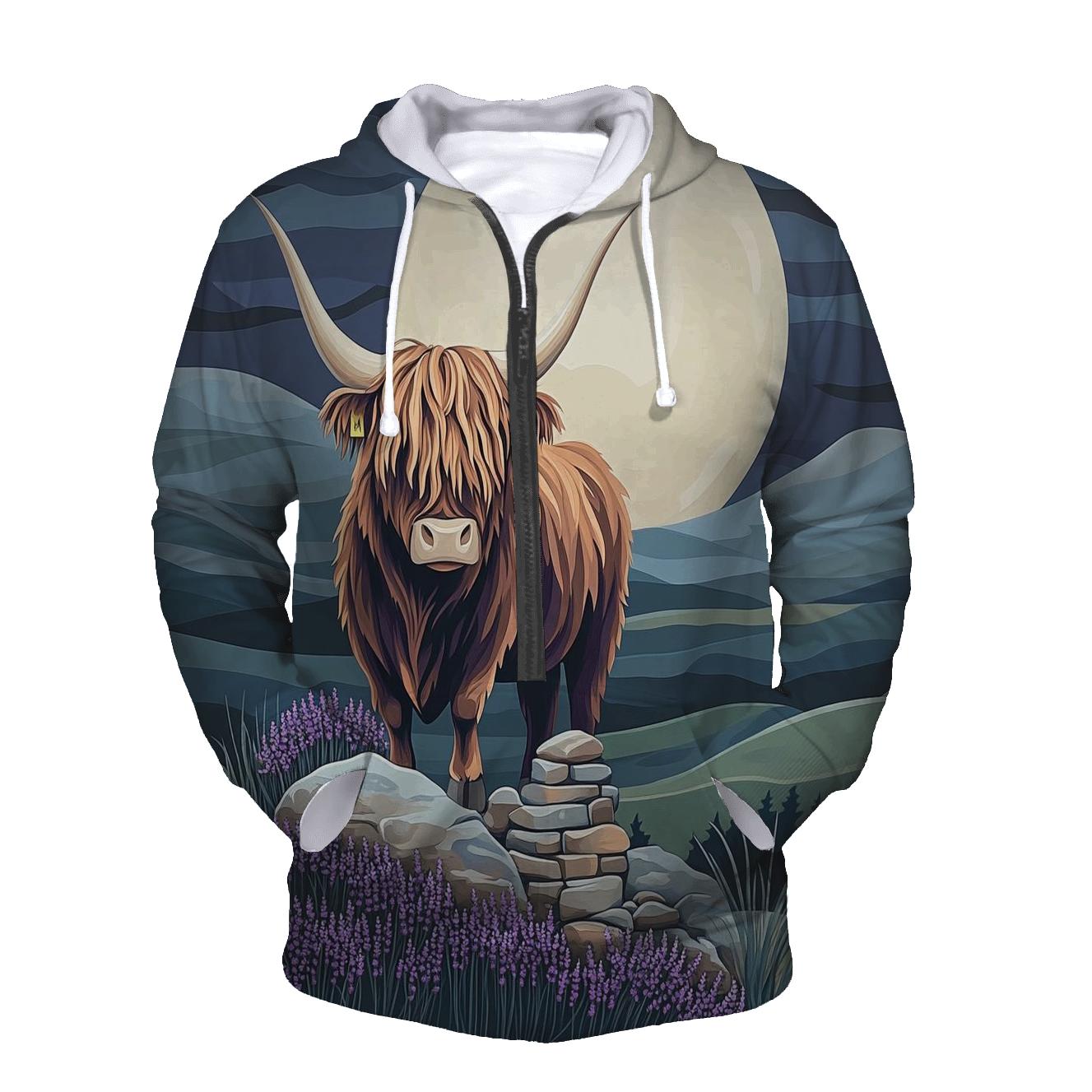 Highland Cow Moonlit Heather Silhouette printed hoodies