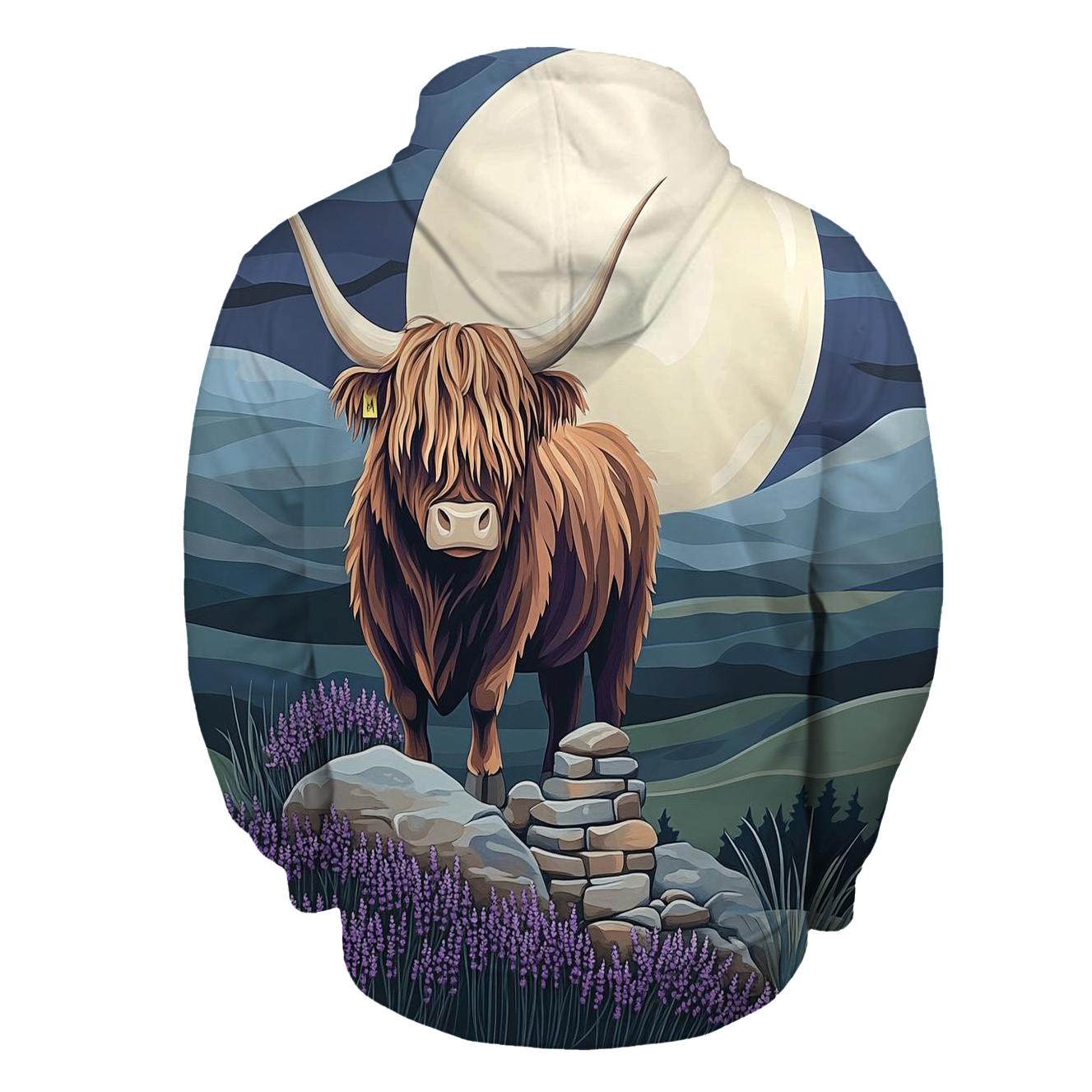 Highland Cow Moonlit Heather Silhouette printed hoodies