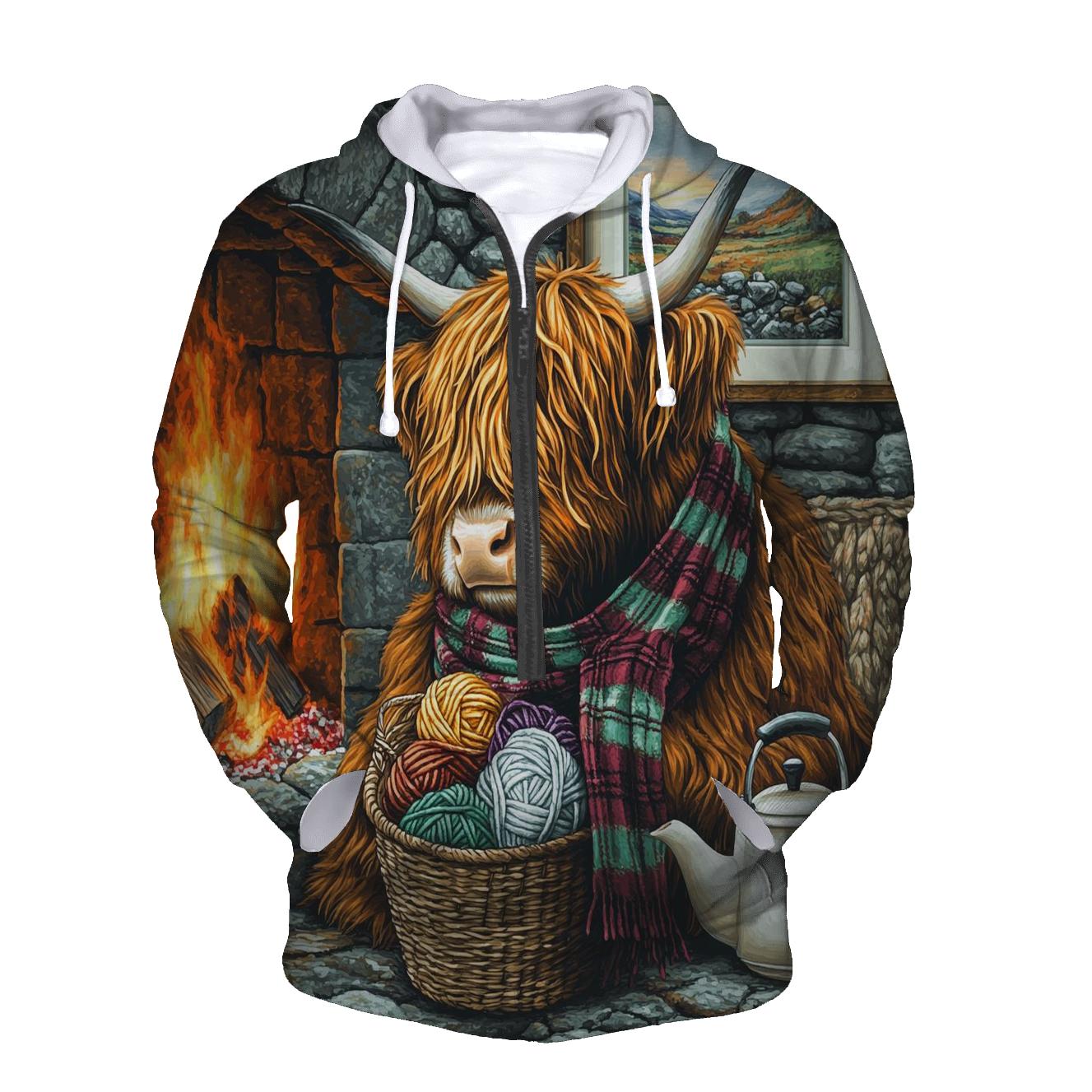 Highland Cow Hearthside Knitting Helper designer hoodies