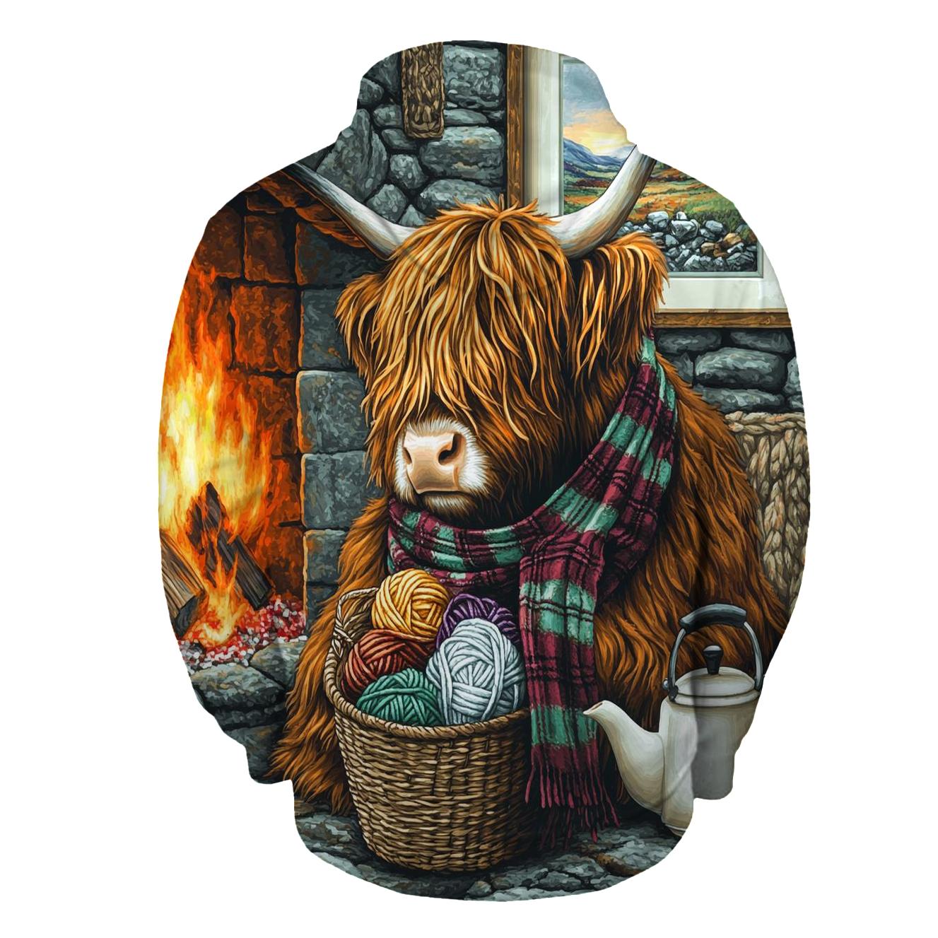Highland Cow Hearthside Knitting Helper designer hoodies