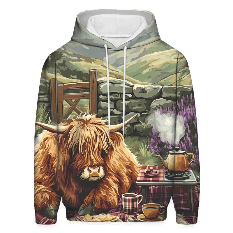 Tea Picnic With Highland Cow Companion printed hoodies