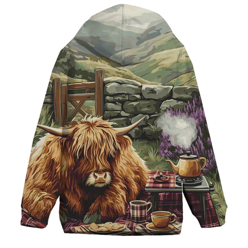 Tea Picnic With Highland Cow Companion printed hoodies