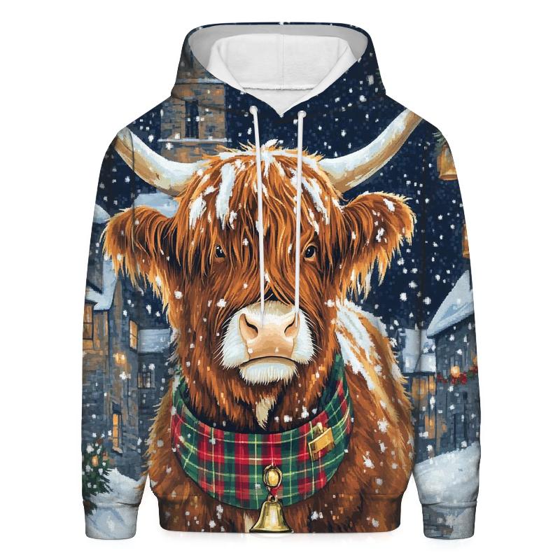 Highland Cow In Winter Tartan Parade graphic hoodies