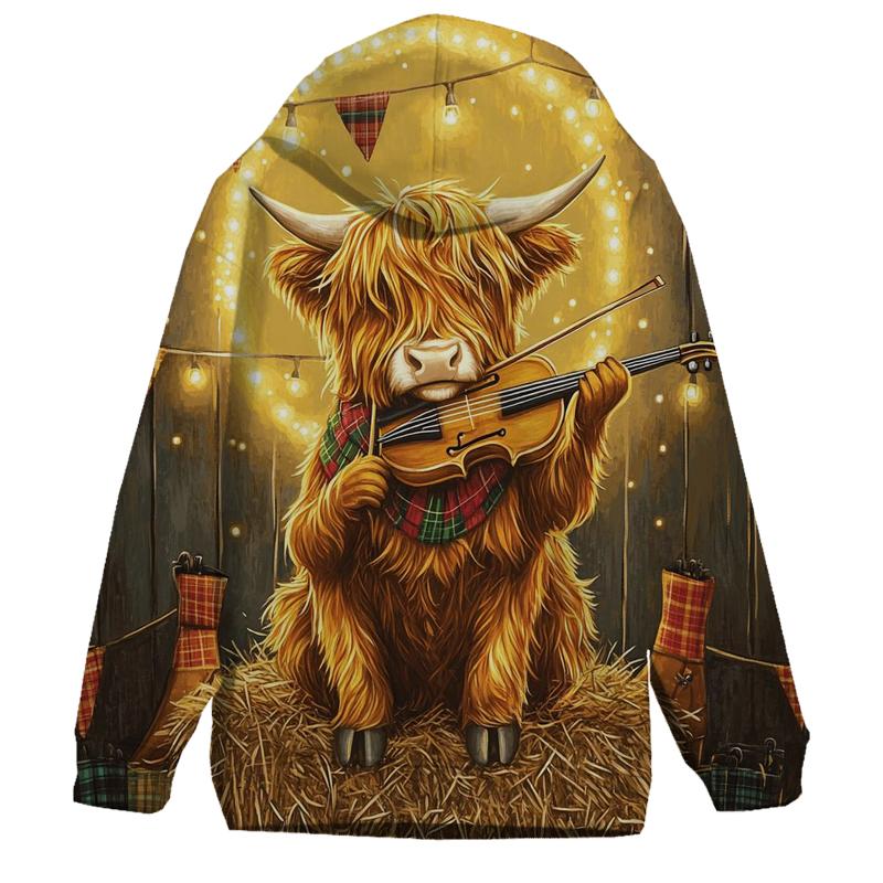 Highland Cow Ceilidh Fiddle Time graphic hoodies